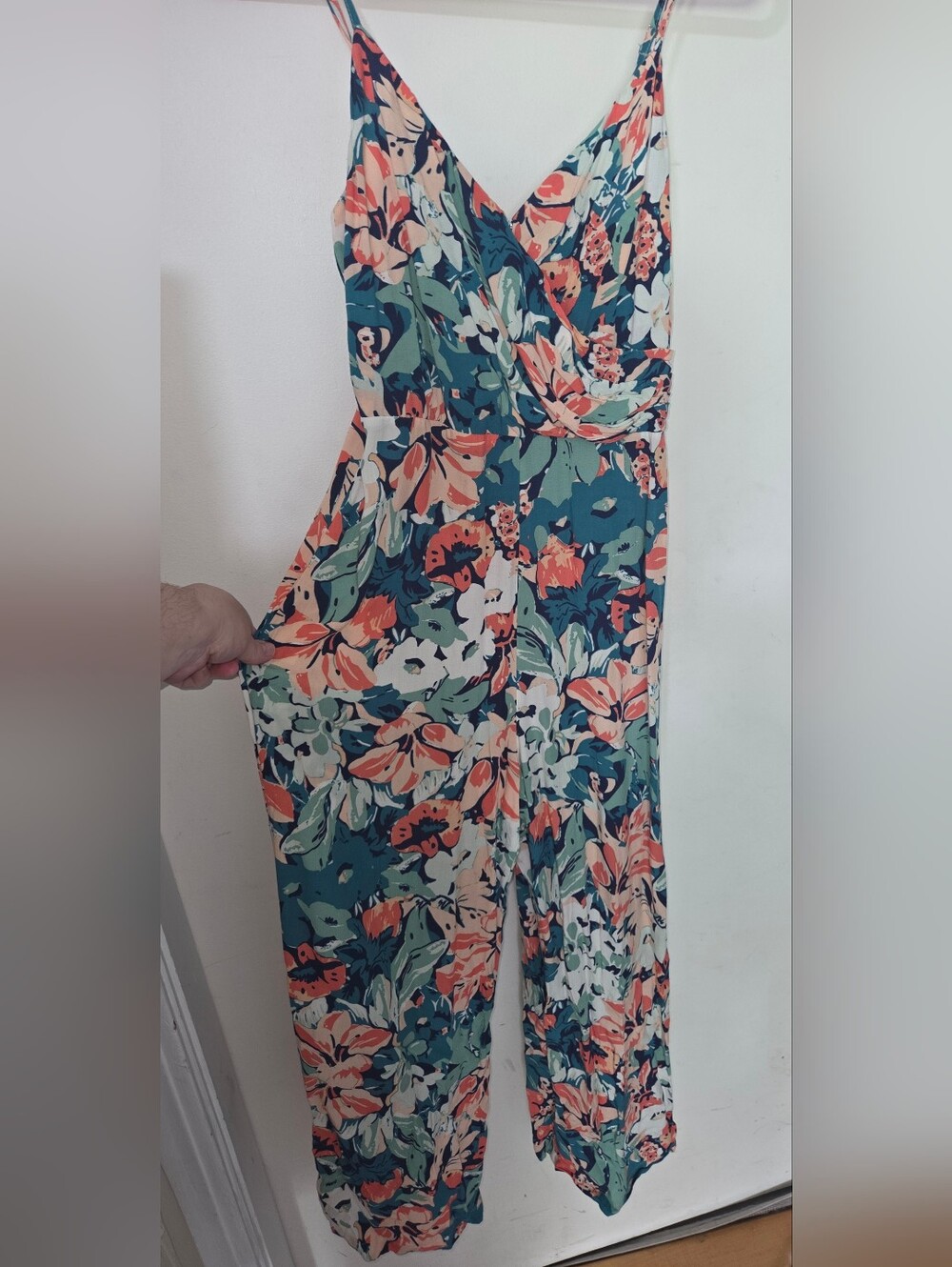 Lush Teal Floral Wide-Leg Jumpsuit with Coral & Cream Accents